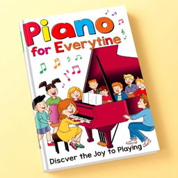 A colorful and engaging book cover design for a beginner's piano book suitable for all ages