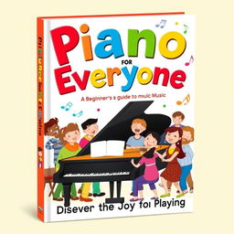 A colorful and engaging book cover design for a beginner's piano book suitable for all ages