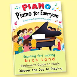 A colorful and engaging book cover design for a beginner's piano book suitable for all ages