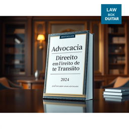 A 3D visual of a bestseller law book with 800 pages titled 'Advocacia em Direito de Trânsito'