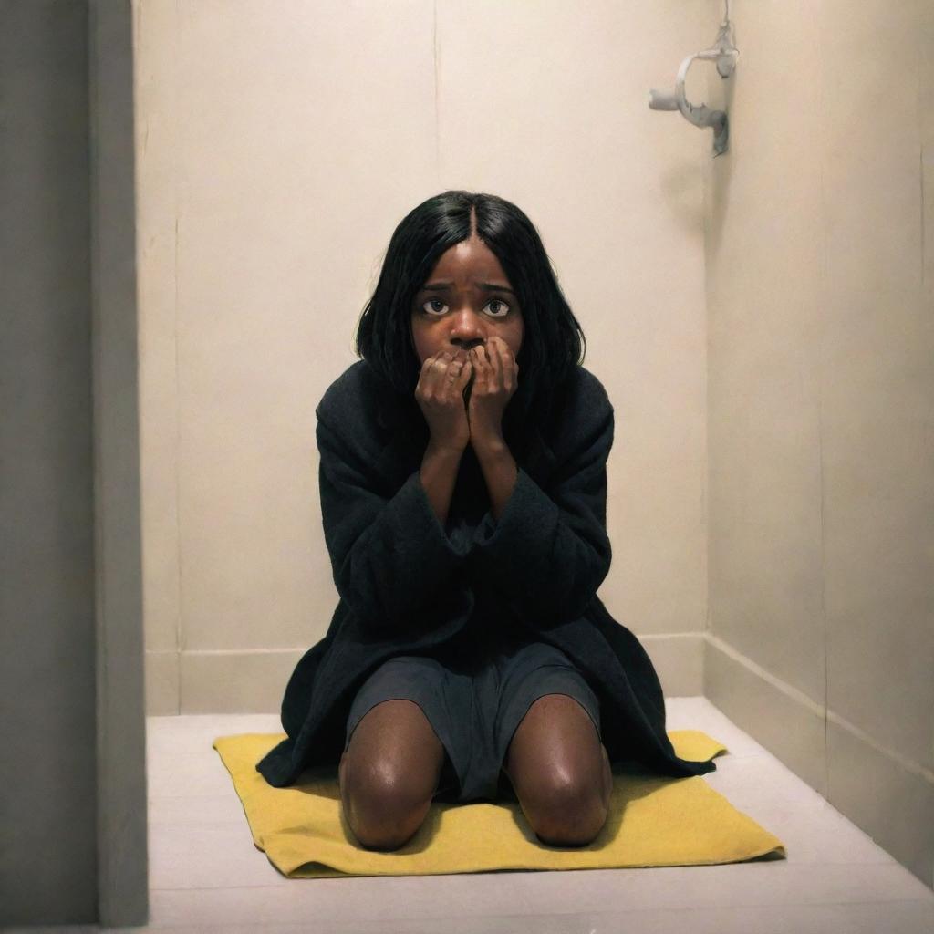 A Pixar-style illustration of a dark-skinned girl with black hair and yellow highlights in despair, sitting on a bathroom floor. She's shrouded in a black coat, concealing her face. The title 'From Inside' is prominent in the picture.