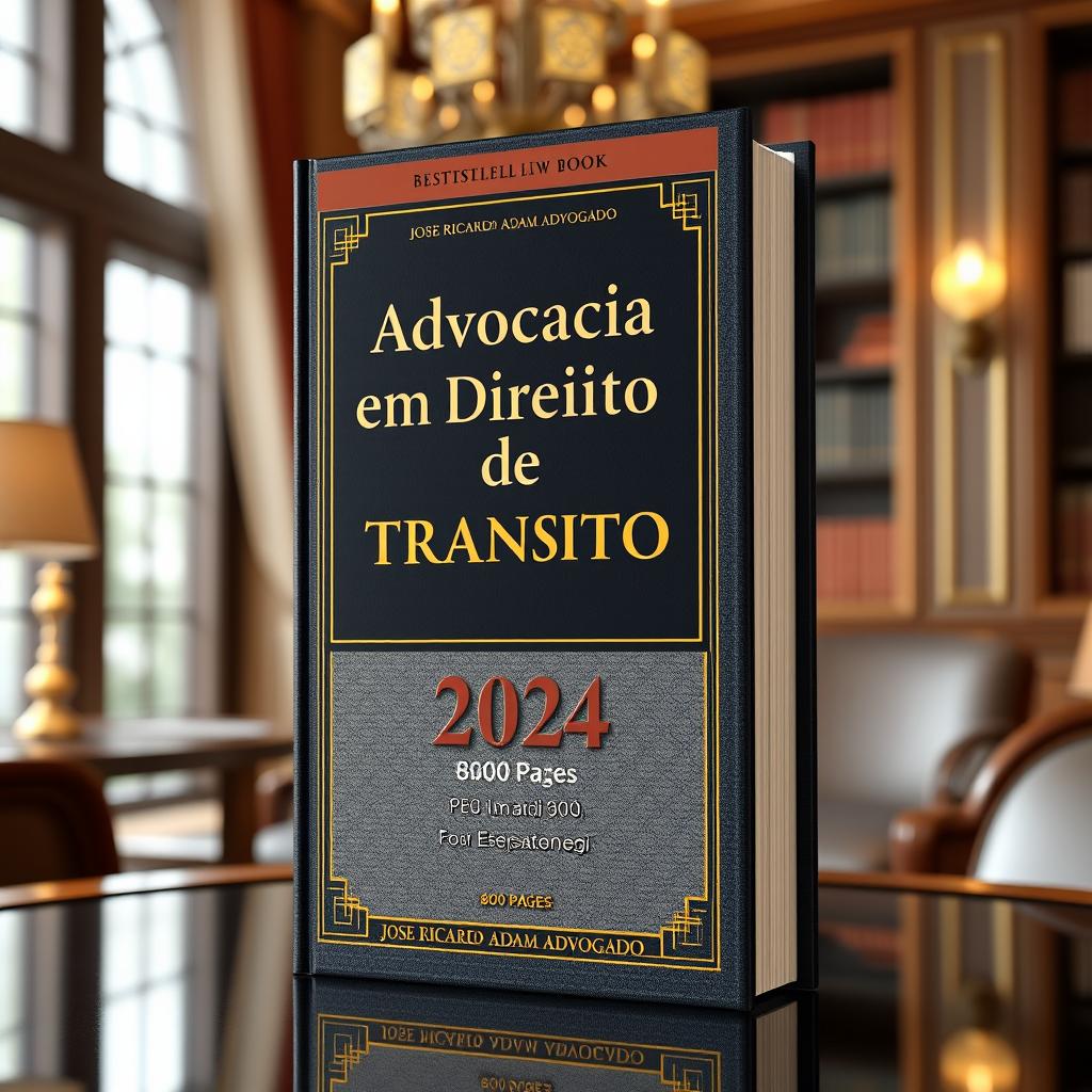 A 3D visual of a bestseller law book with 800 pages titled 'Advocacia em Direito de Trânsito'