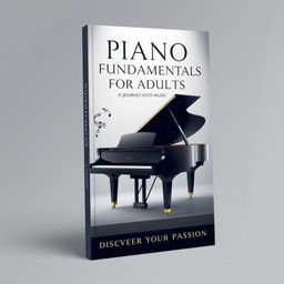 A sophisticated book cover design for an adult beginner's piano guide