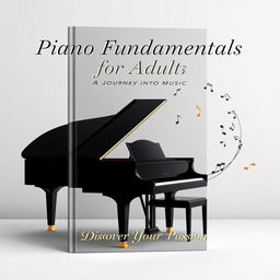 A sophisticated book cover design for an adult beginner's piano guide