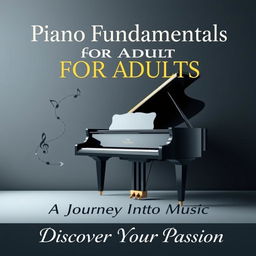 A sophisticated book cover design for an adult beginner's piano guide