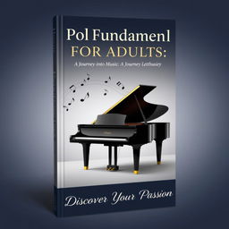 A sophisticated book cover design for an adult beginner's piano guide