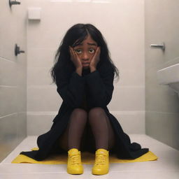 A Pixar-style illustration of a dark-skinned girl with black hair and yellow highlights in despair, sitting on a bathroom floor. She's shrouded in a black coat, concealing her face. The title 'From Inside' is prominent in the picture.