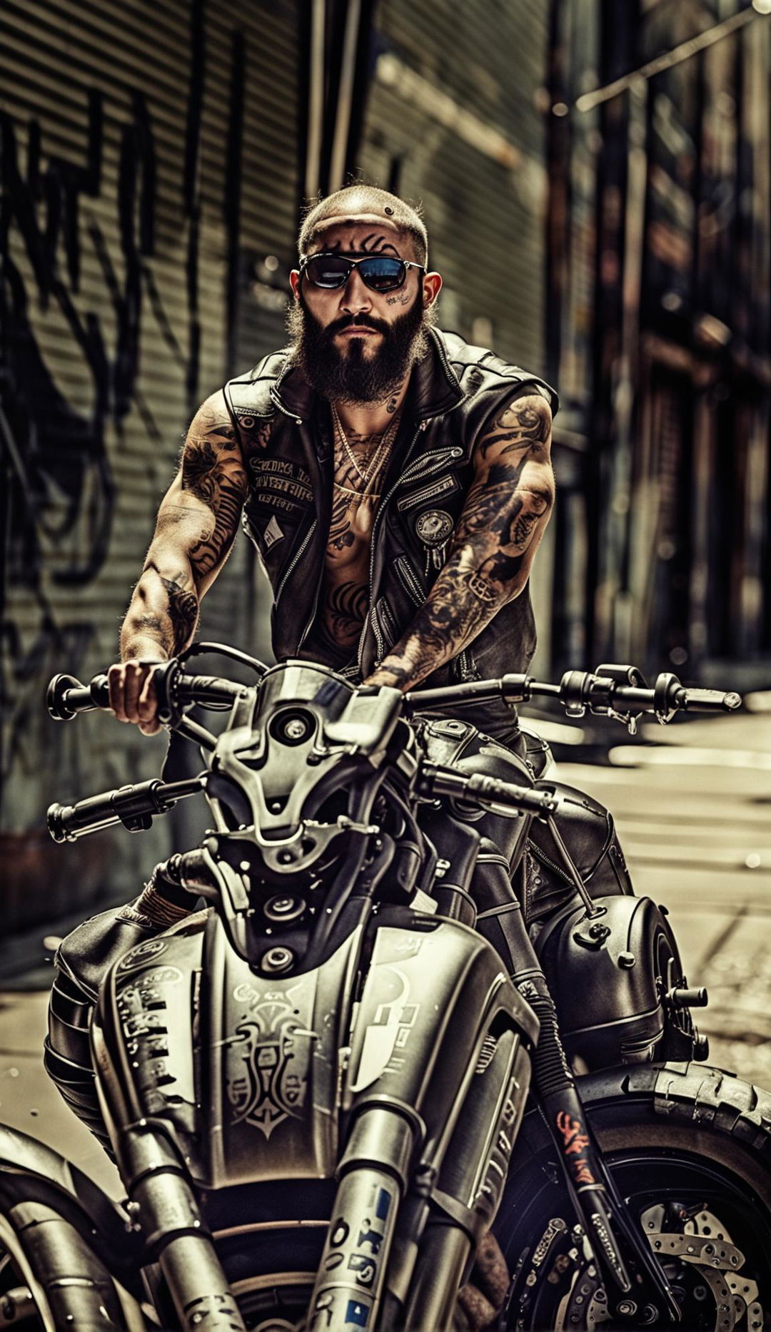 A New Zealand gang member on a tattooed Harley Davidson V-Rod in a gritty urban landscape.