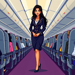 A pixel art depiction of a beautiful flight attendant wearing a stylish uniform, standing in an airplane aisle