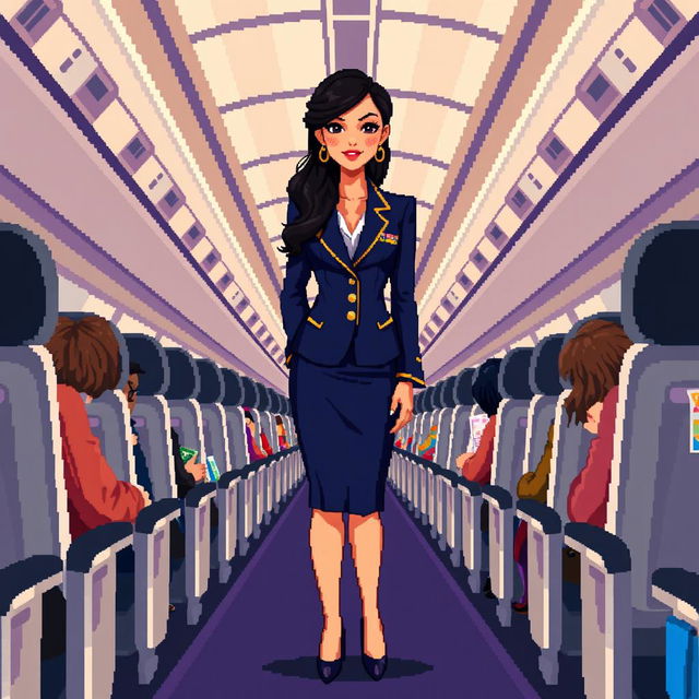 A pixel art depiction of a beautiful flight attendant wearing a stylish uniform, standing in an airplane aisle