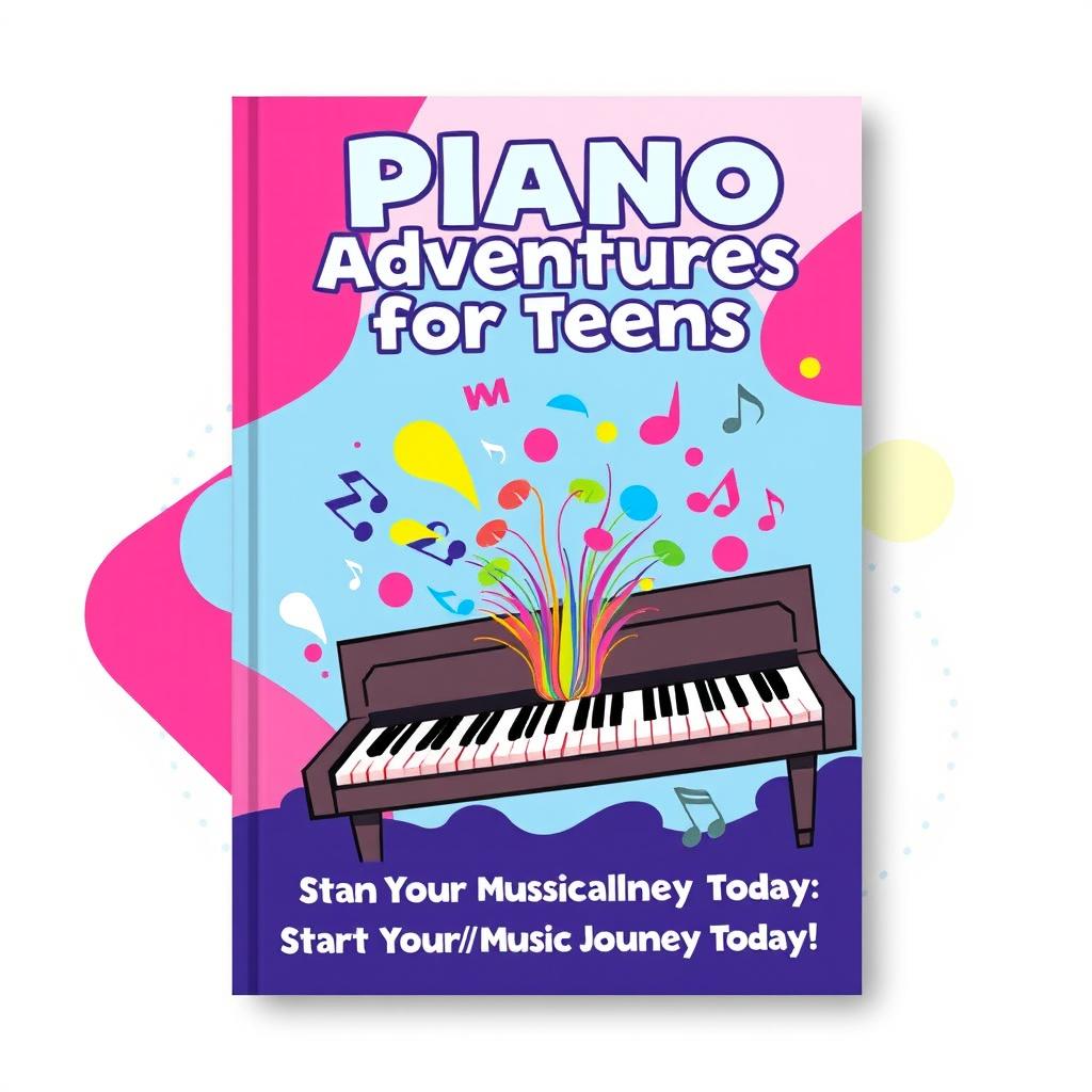 A stylish and energetic book cover design for a beginner's piano book aimed at young learners