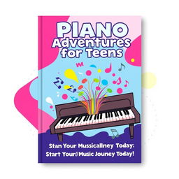 A stylish and energetic book cover design for a beginner's piano book aimed at young learners