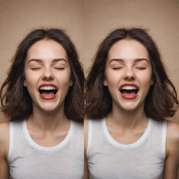 Imaginative representation of a brunette girl embodying bipolarity; she exhibits a split image displaying joy on one side, and sadness on the other, capturing the essence of her emotional swings.