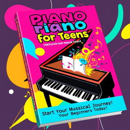 A stylish and energetic book cover design for a beginner's piano book aimed at young learners