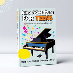 A stylish and energetic book cover design for a beginner's piano book aimed at young learners