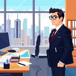 A pixel art image of a corporate businessman in an office environment