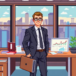 A pixel art image of a corporate businessman in an office environment