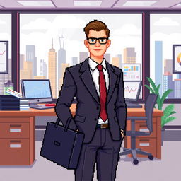 A pixel art image of a corporate businessman in an office environment