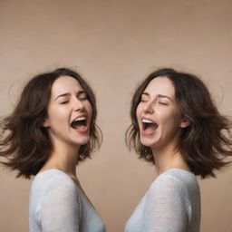 Imaginative representation of a brunette girl embodying bipolarity; she exhibits a split image displaying joy on one side, and sadness on the other, capturing the essence of her emotional swings.