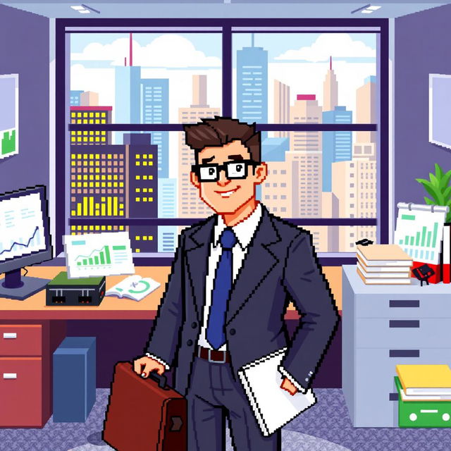 A pixel art image of a corporate businessman in an office environment