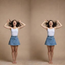 Imaginative representation of a brunette girl embodying bipolarity; she exhibits a split image displaying joy on one side, and sadness on the other, capturing the essence of her emotional swings.