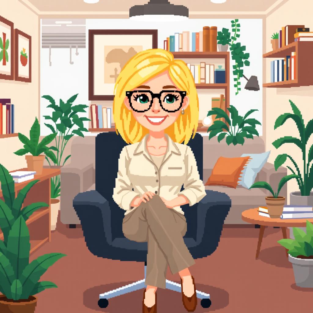 A pixel art representation of a blonde psychologist in her office, sitting comfortably in a modern chair with a welcoming smile