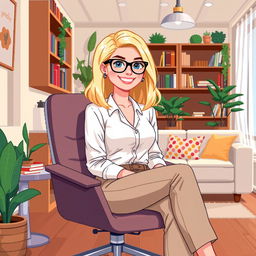 A pixel art representation of a blonde psychologist in her office, sitting comfortably in a modern chair with a welcoming smile