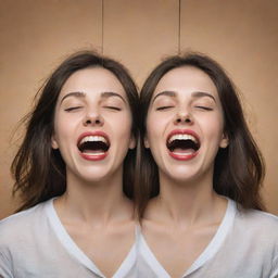 Imaginative representation of a brunette girl embodying bipolarity; she exhibits a split image displaying joy on one side, and sadness on the other, capturing the essence of her emotional swings.