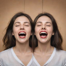 Imaginative representation of a brunette girl embodying bipolarity; she exhibits a split image displaying joy on one side, and sadness on the other, capturing the essence of her emotional swings.