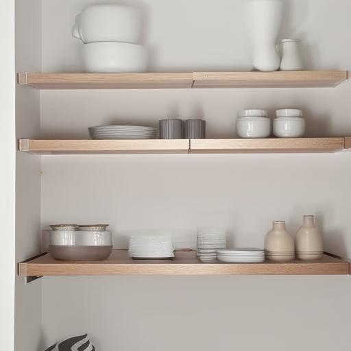 A small, yet spacious, double shelving system that doesn't reach the ceiling, designed ideally for an L-shaped kitchen