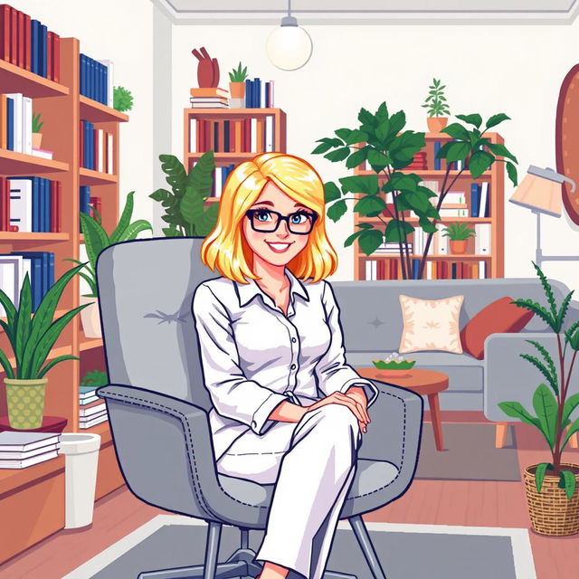 A pixel art representation of a blonde psychologist in her office, sitting comfortably in a modern chair with a welcoming smile