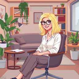 A pixel art representation of a blonde psychologist in her office, sitting comfortably in a modern chair with a welcoming smile