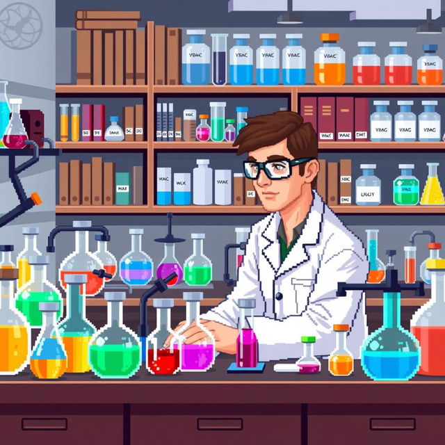 A pixel art representation of a pharmaceutical chemist in a laboratory setting