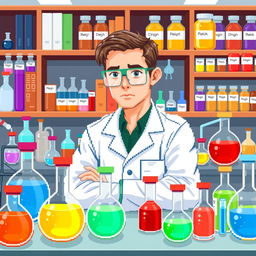 A pixel art representation of a pharmaceutical chemist in a laboratory setting