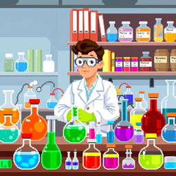 A pixel art representation of a pharmaceutical chemist in a laboratory setting