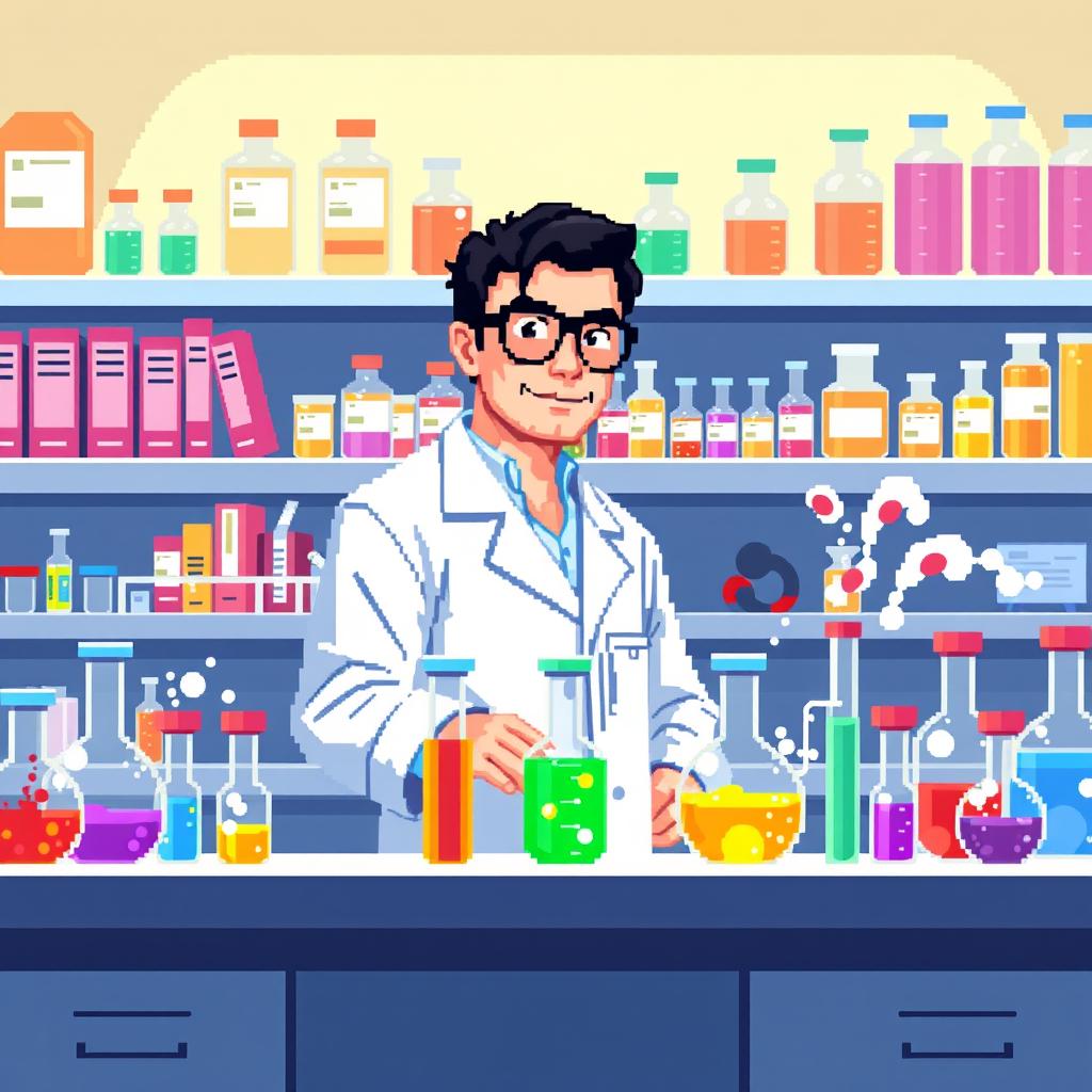 A pixel art depiction of a pharmaceutical chemist in a vibrant laboratory setting