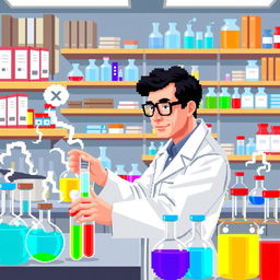 A pixel art depiction of a pharmaceutical chemist in a vibrant laboratory setting