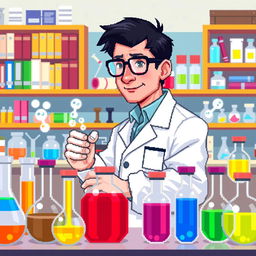 A pixel art depiction of a pharmaceutical chemist in a vibrant laboratory setting