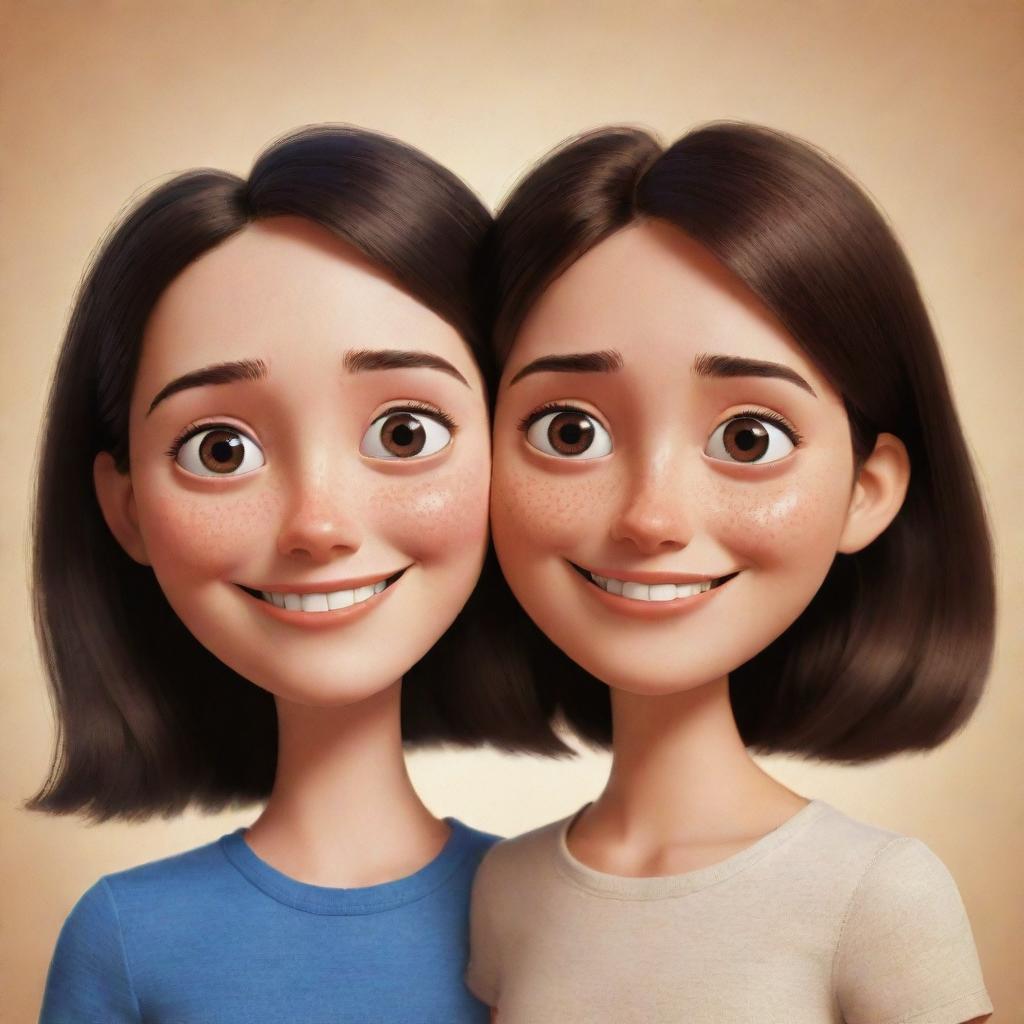 A Pixar-style illustration presenting a brunette girl with her face divided into two contrasting halves – one side brimming with happiness, while the other revealing melancholy.