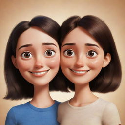 A Pixar-style illustration presenting a brunette girl with her face divided into two contrasting halves – one side brimming with happiness, while the other revealing melancholy.