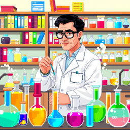 A pixel art depiction of a pharmaceutical chemist in a vibrant laboratory setting