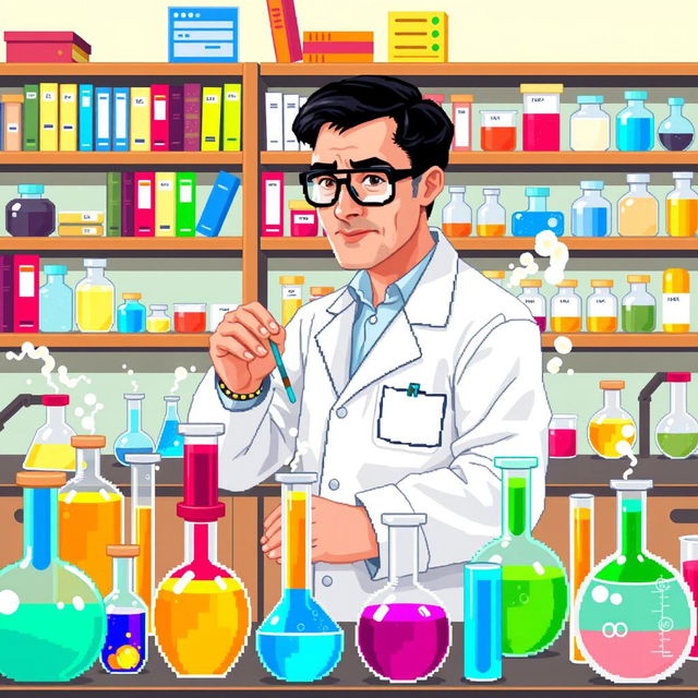 A pixel art depiction of a pharmaceutical chemist in a vibrant laboratory setting