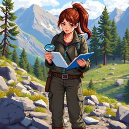 A pixel art representation of a brunette geologist in the field, examining rocks and geological samples