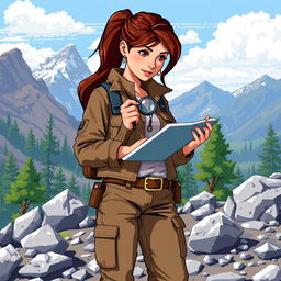 A pixel art representation of a brunette geologist in the field, examining rocks and geological samples