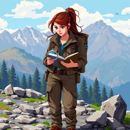 A pixel art representation of a brunette geologist in the field, examining rocks and geological samples