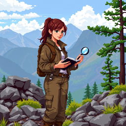 A pixel art representation of a brunette geologist in the field, examining rocks and geological samples