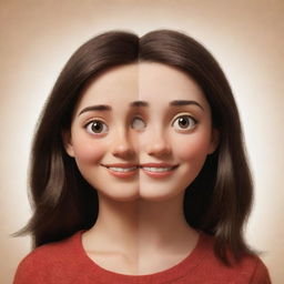 A Pixar-style illustration presenting a brunette girl with her face divided into two contrasting halves – one side brimming with happiness, while the other revealing melancholy.