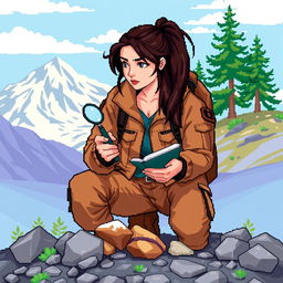 A pixel art illustration of a brunette geologist in a vibrant outdoor setting