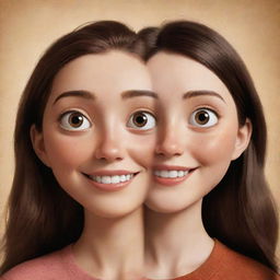 A Pixar-style illustration presenting a brunette girl with her face divided into two contrasting halves – one side brimming with happiness, while the other revealing melancholy.