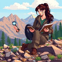 A pixel art illustration of a brunette geologist in a vibrant outdoor setting